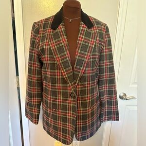 Wool Blend Sag Harbor Classic 1 Button Tartan Blazer Velveteen Collar Size 10